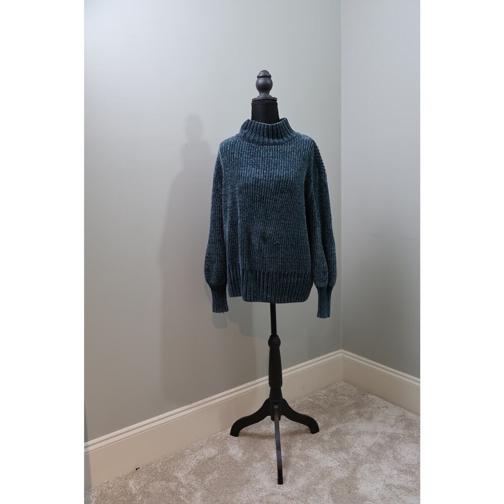 Cynthia Rowley Teal Chenille Ribbed Mock Neck Sweater Womens XS Cozy Knit